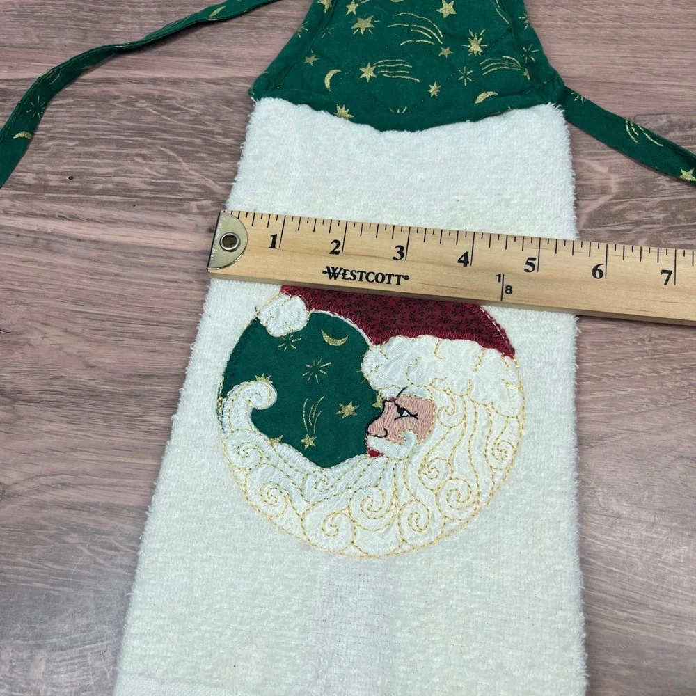 Vintage Christmas Kitchen Set Green Santa Moon Towels Pot Holders 5pc
